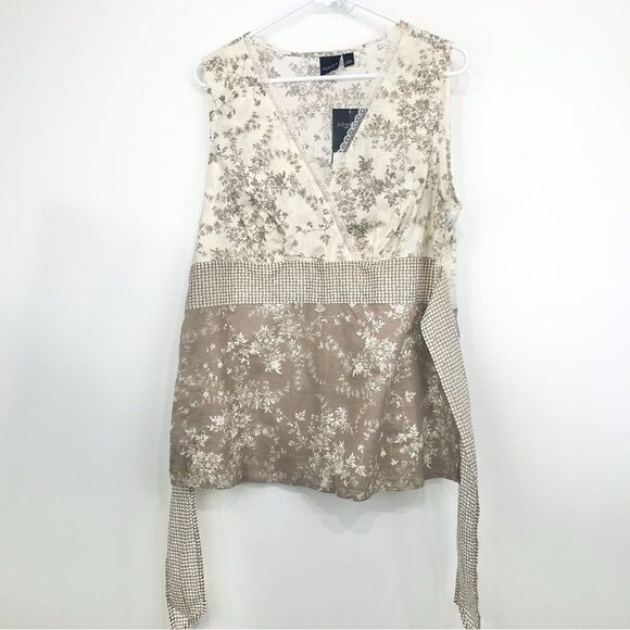 Sonoma NEW Tan Cream Contrast Floral Print Sleeveless Cottagecore Blouse - Picture 2 of 13